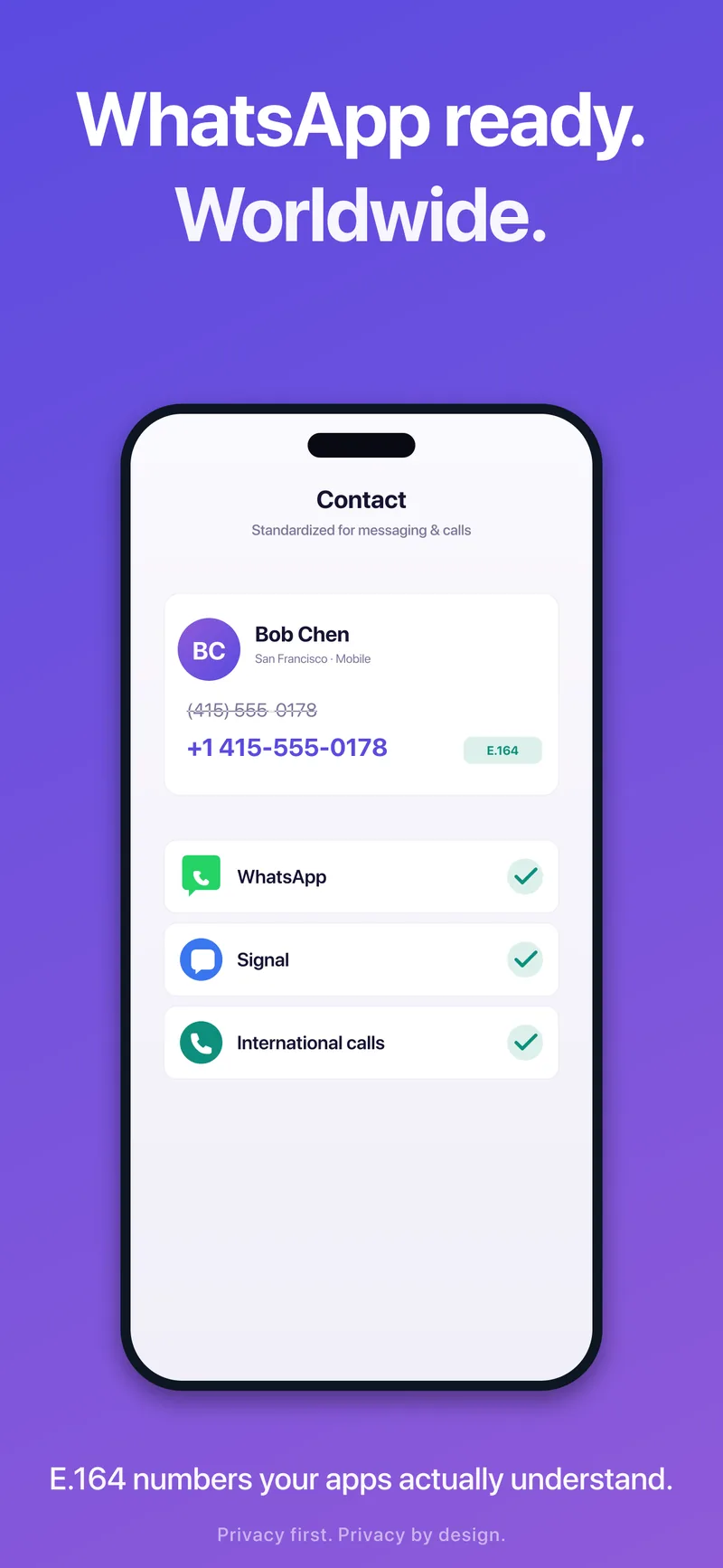 Ready for WhatsApp, Signal and international calls — E.164 numbers your apps actually understand.
