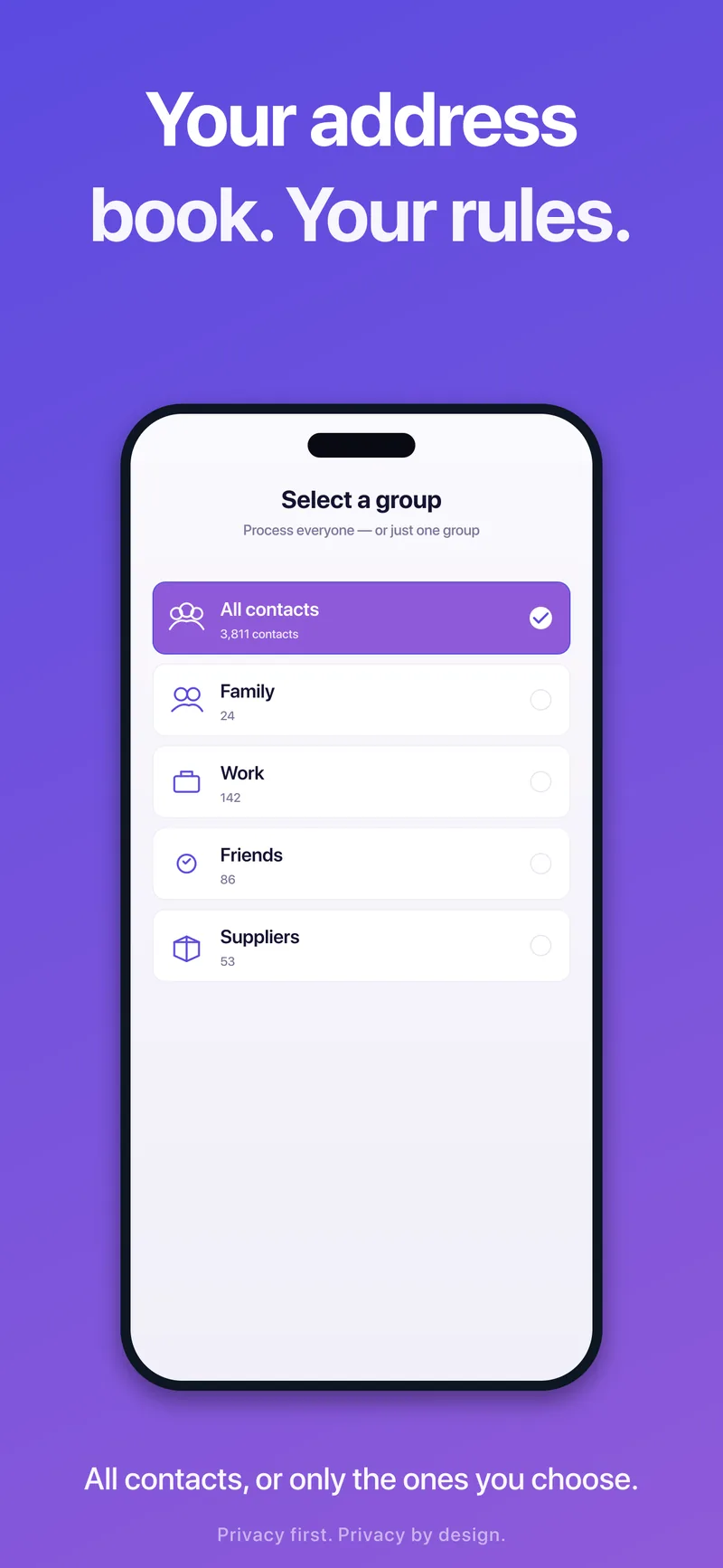 Process your whole address book, or just one group — family, work, friends, suppliers.
