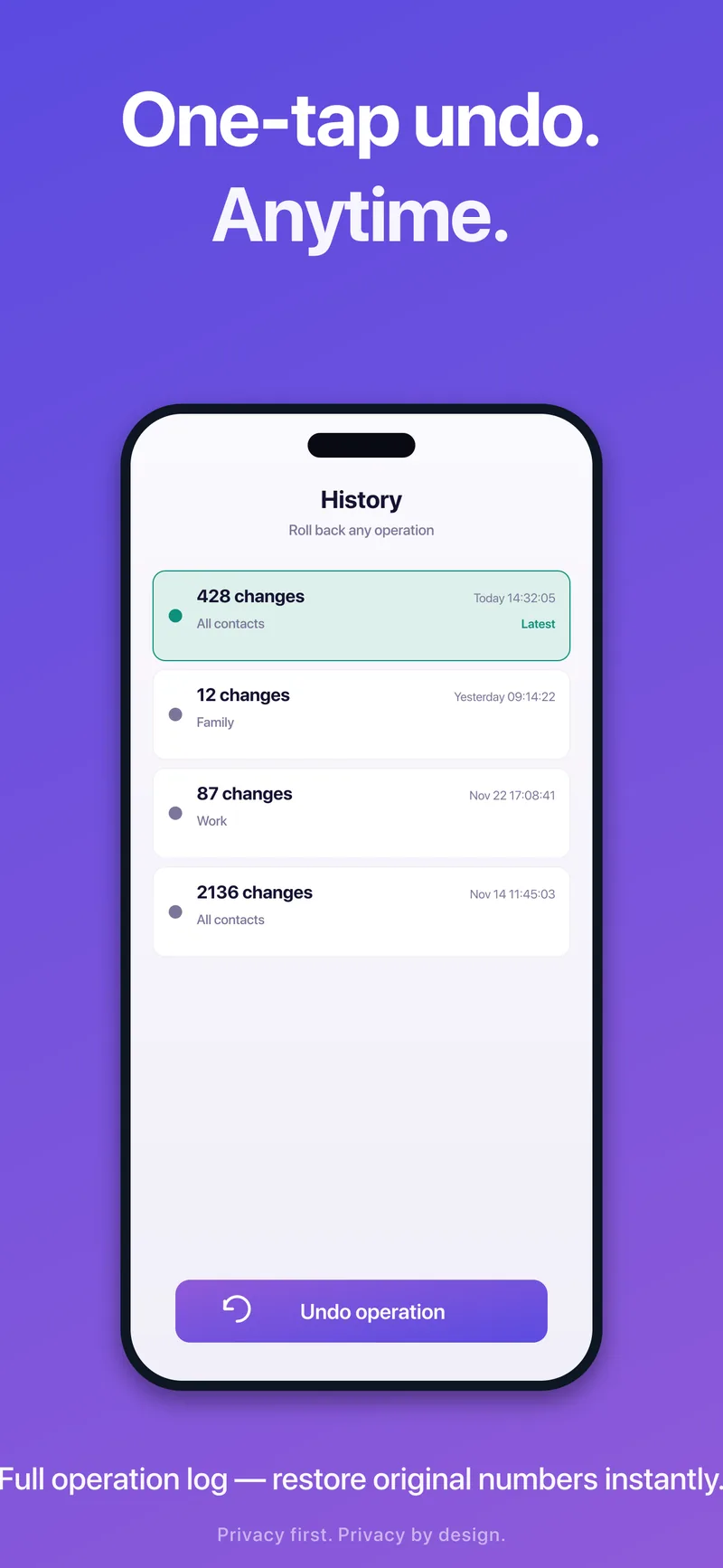 Full operation log — undo a cleanup and restore the original numbers in one tap.