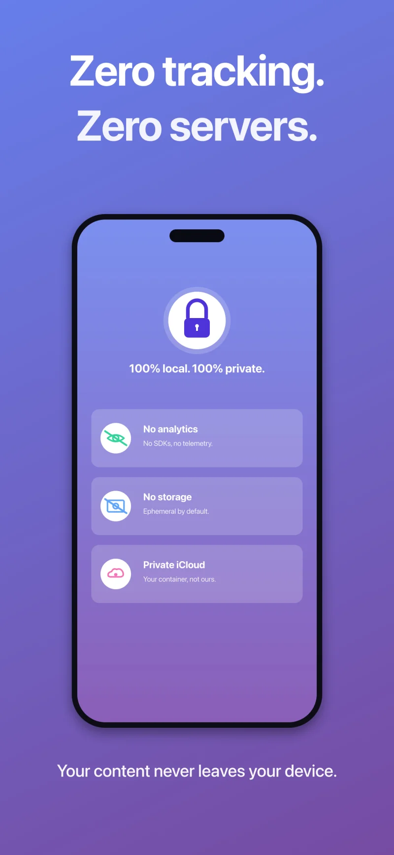 Zero tracking, zero servers, zero telemetry - 100% local, 100% private.