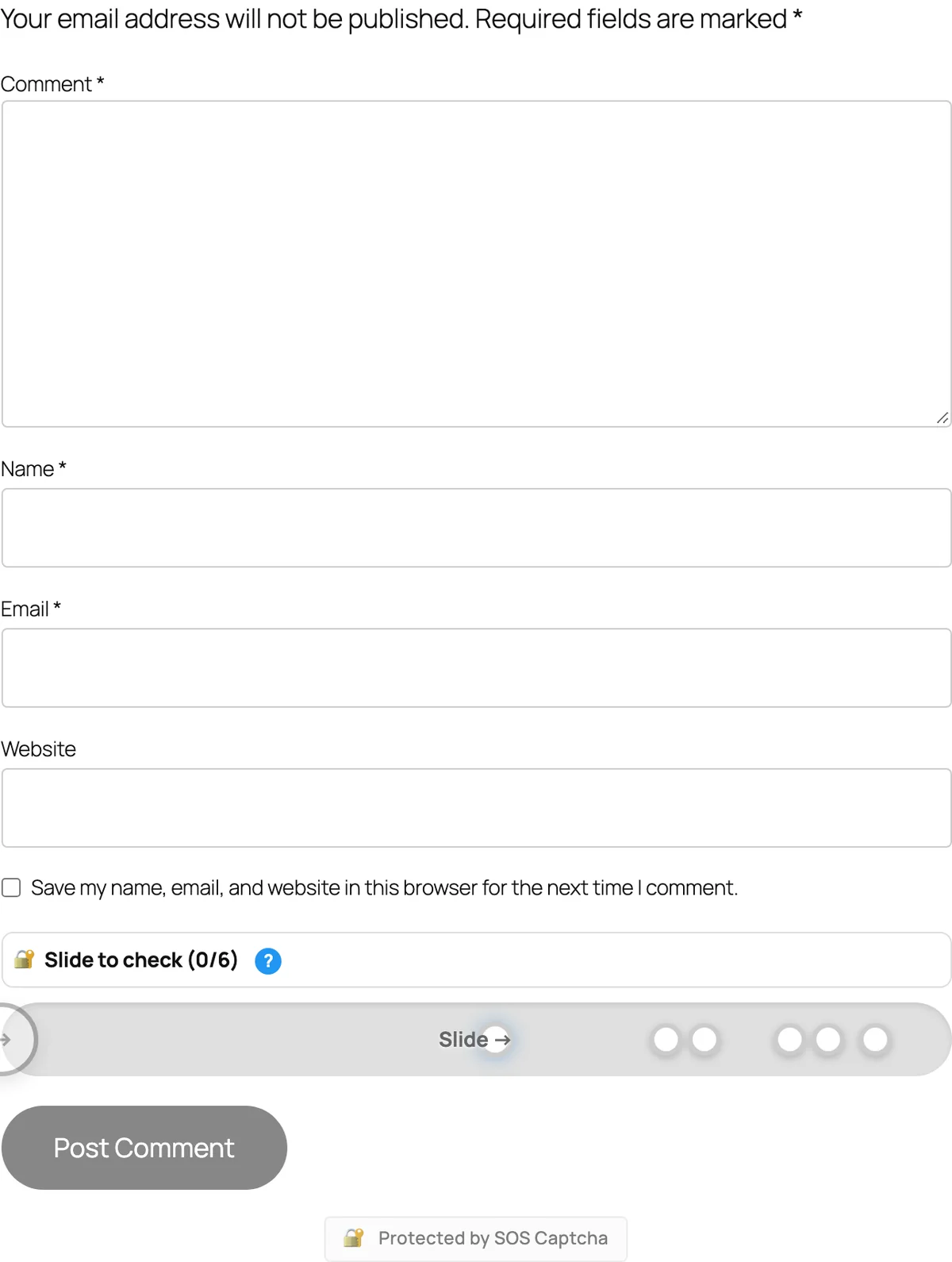 The slider at rest, right below a WordPress comment form—no more Google CAPTCHA to frustrate your visitors.