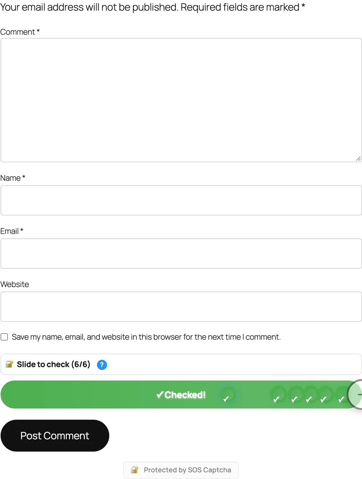 100% validated, form unlocked — the submit button becomes active, and the visitor can post their comment.