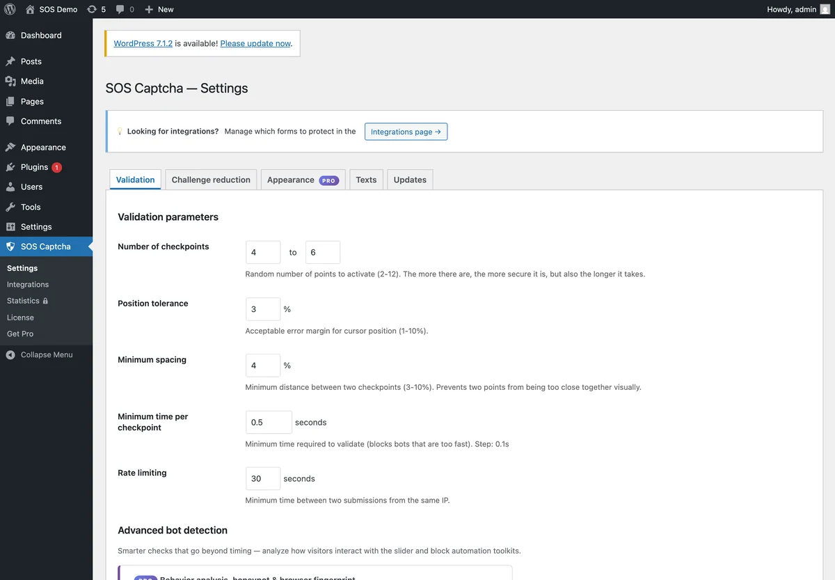 WordPress Admin — configure the number of checkpoints, tolerance, minimum time per checkpoint, rate limiting… everything stays on your server.